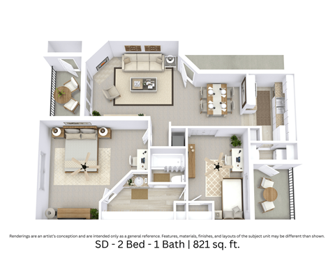 This is a 3D-floor plan providing a detailed, angled view of the space with room layouts, furniture placement, and spatial flow. Features 2 bedrooms, 1 bathroom, and approximately 821 Sq. Ft.